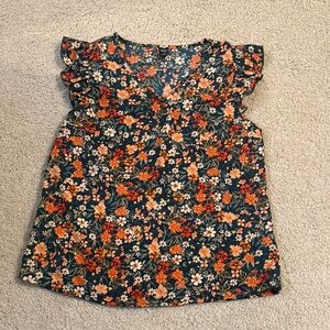 Floral Ruffle Sleeve Blouse - Navy and Orange